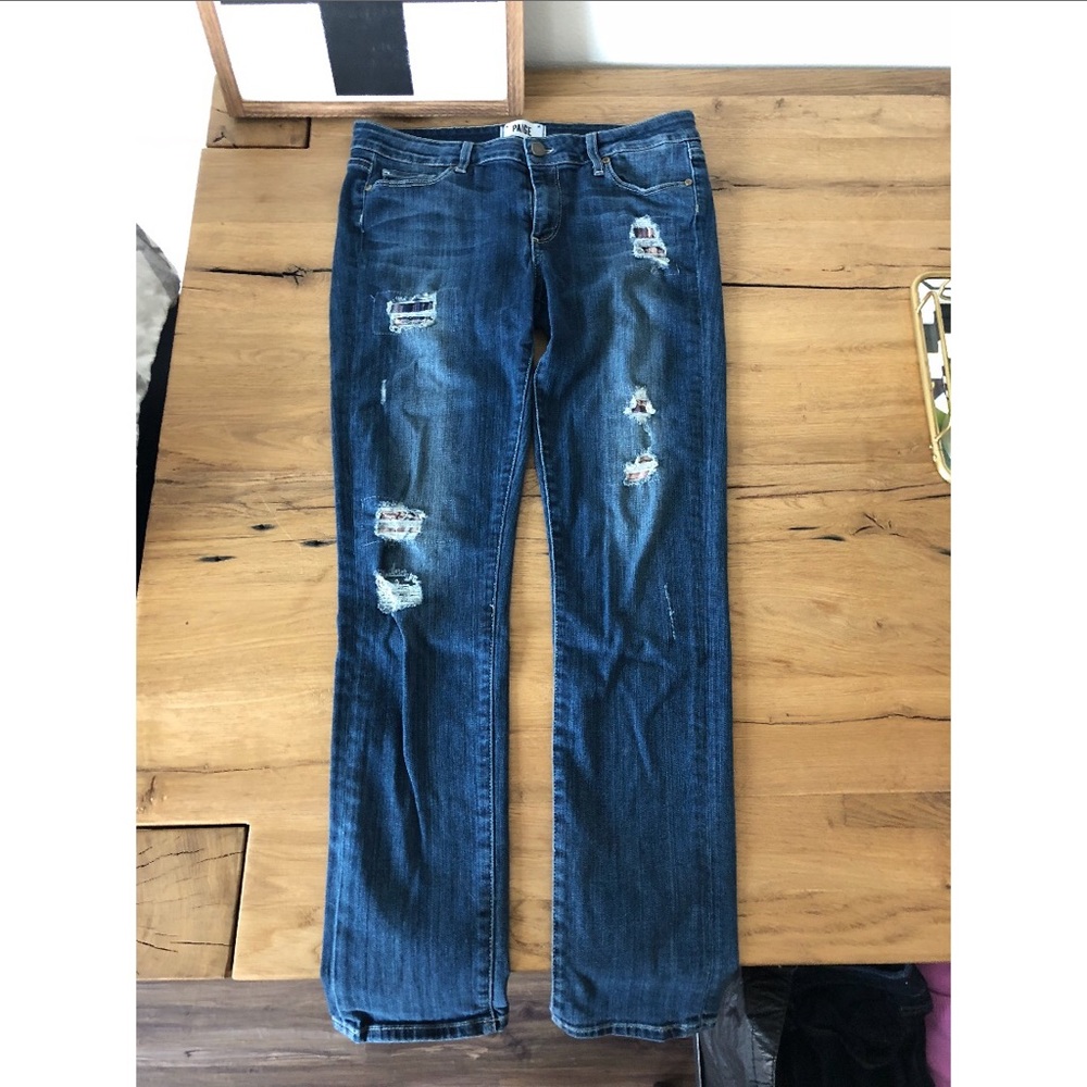 PAIGE Skyline Skinny in distressed wash + plaid